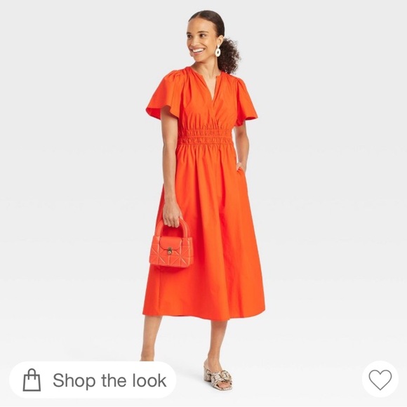 NWT! Women's Flutter Short Sleeve Poplin Midi A-Line Dress Red XS - Picture 2 of 9